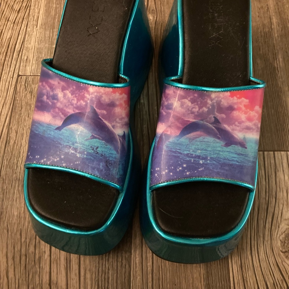 Dolls Kill Teal and Purple Dolphin Platform Sandals
